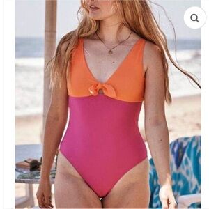 Vibrant Pink and Orange tie front One Piece Swimsuit NWOT